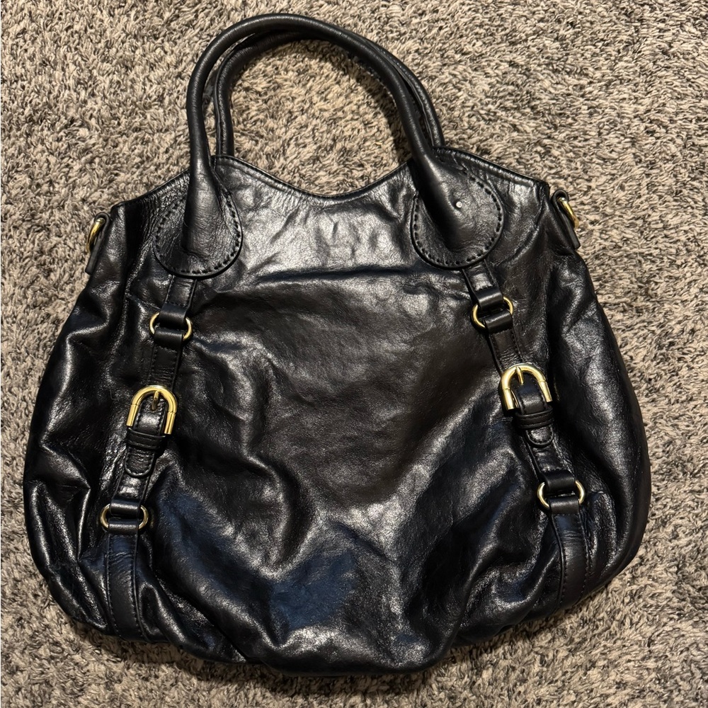 Badgley Mischa American Glamour black leather shoulder bag satchel purse gold